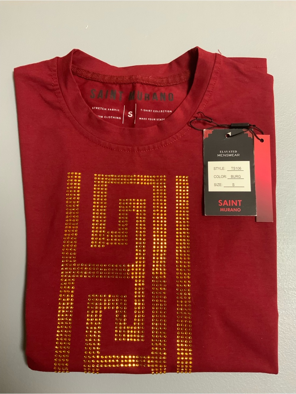 Men's Burgundy Short-Sleeve Tee with Gold Stud Pattern